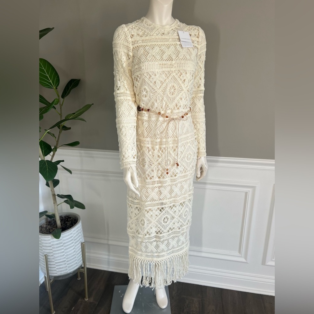 ZIMMERMANN Cira Ivory Ribbon Lace Tassel Midi Belted Dress sz 1 NWT 950$ - Picture 6 of 15